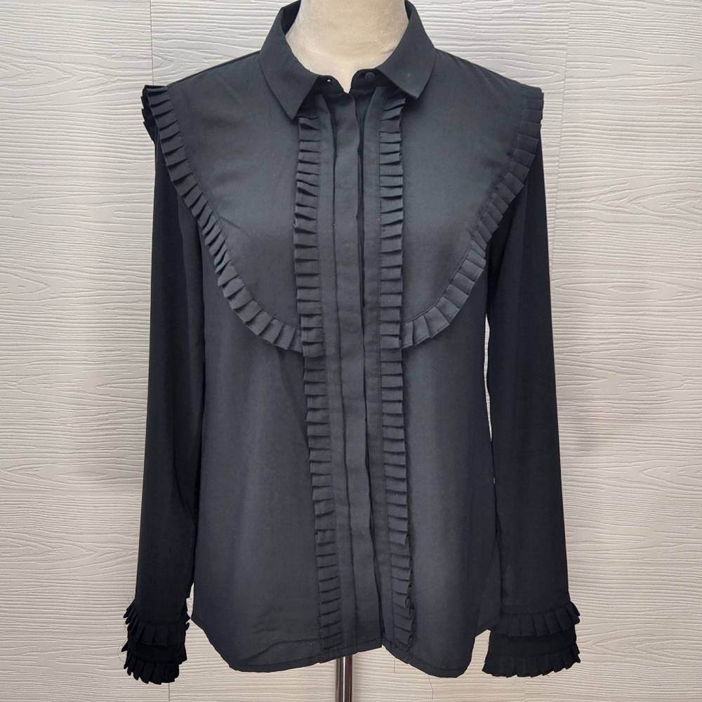 Catherine Catherine Malandrino Women's Long Sleeves Ruffle Blouse Black Size S